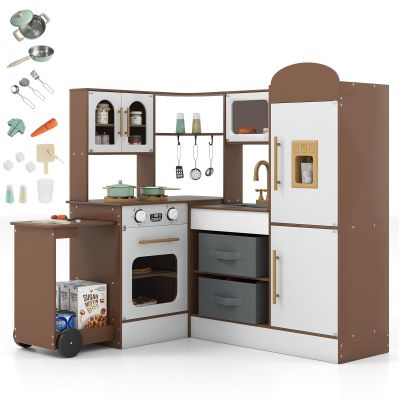Costzon Corner Play Kitchen, Little Chef Pretend Play Kitchen w/Real Light & Sound, Pull-Out Cart, Fabric Bins, Stoves, Ice Maker, Microwave, Oven, Wooden Kitchen Playset for Kids Ages 3+ (Coffee)
