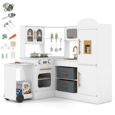 Costzon Corner Play Kitchen, Little Chef Pretend Play Kitchen w/Real Light & Sound, Pull-Out Cart, Fabric Bins, Stoves, Ice Maker, Microwave, Oven, Wooden Kitchen Playset for Kids Ages 3+ (White)