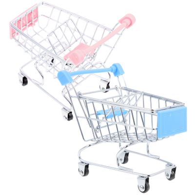 BRIGHTFUFU 2pcs Mini Trolley Creative Supermarket Handcart Models Cute Desktop Storage Cart for Pens Cosmetics and Gadgets Pink and Sky Blue Miniature Shopping Cart Ornaments