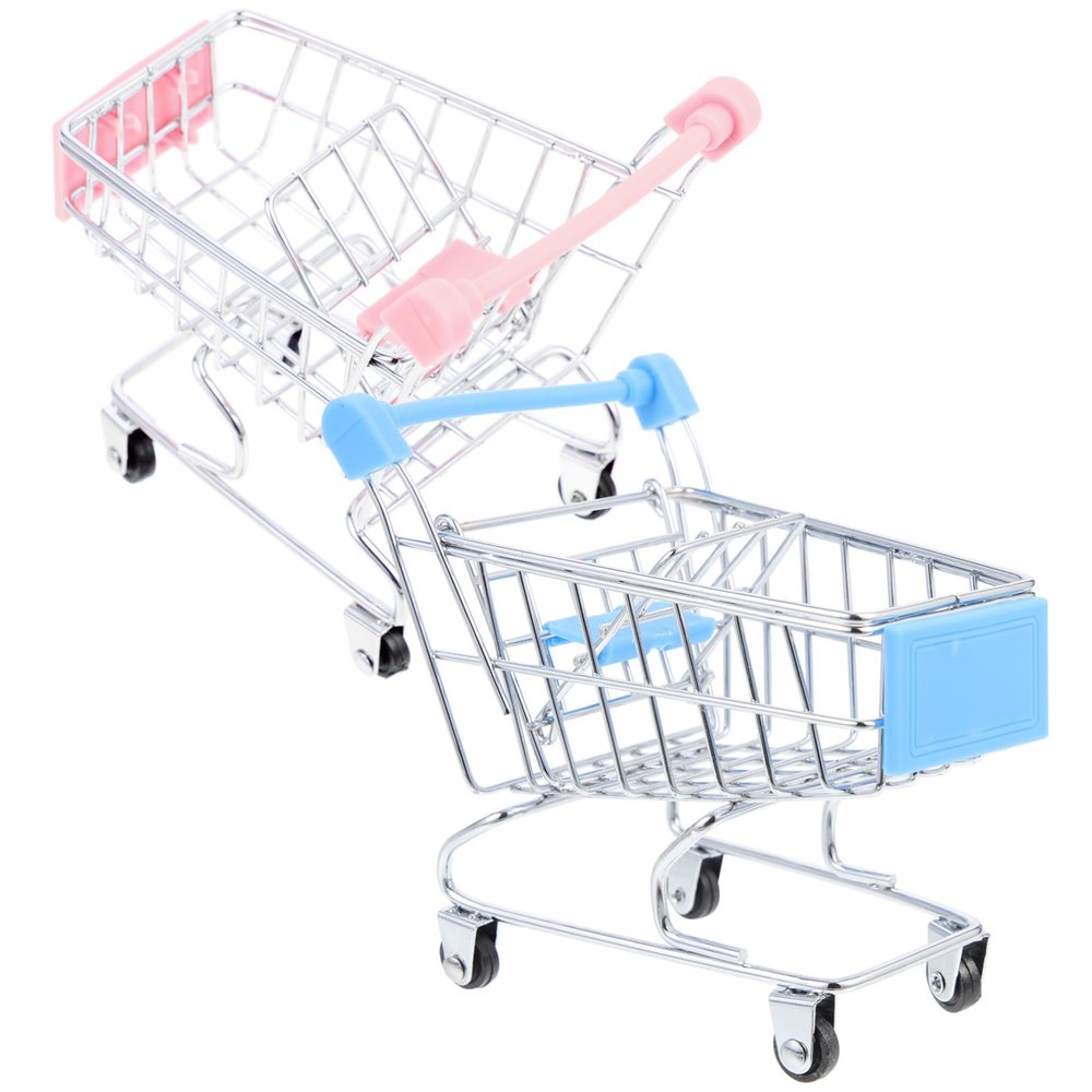 BRIGHTFUFU 2pcs Mini Trolley Creative Supermarket Handcart Models Cute Desktop Storage Cart for Pens Cosmetics and Gadgets Pink and Sky Blue Miniature Shopping Cart Ornaments