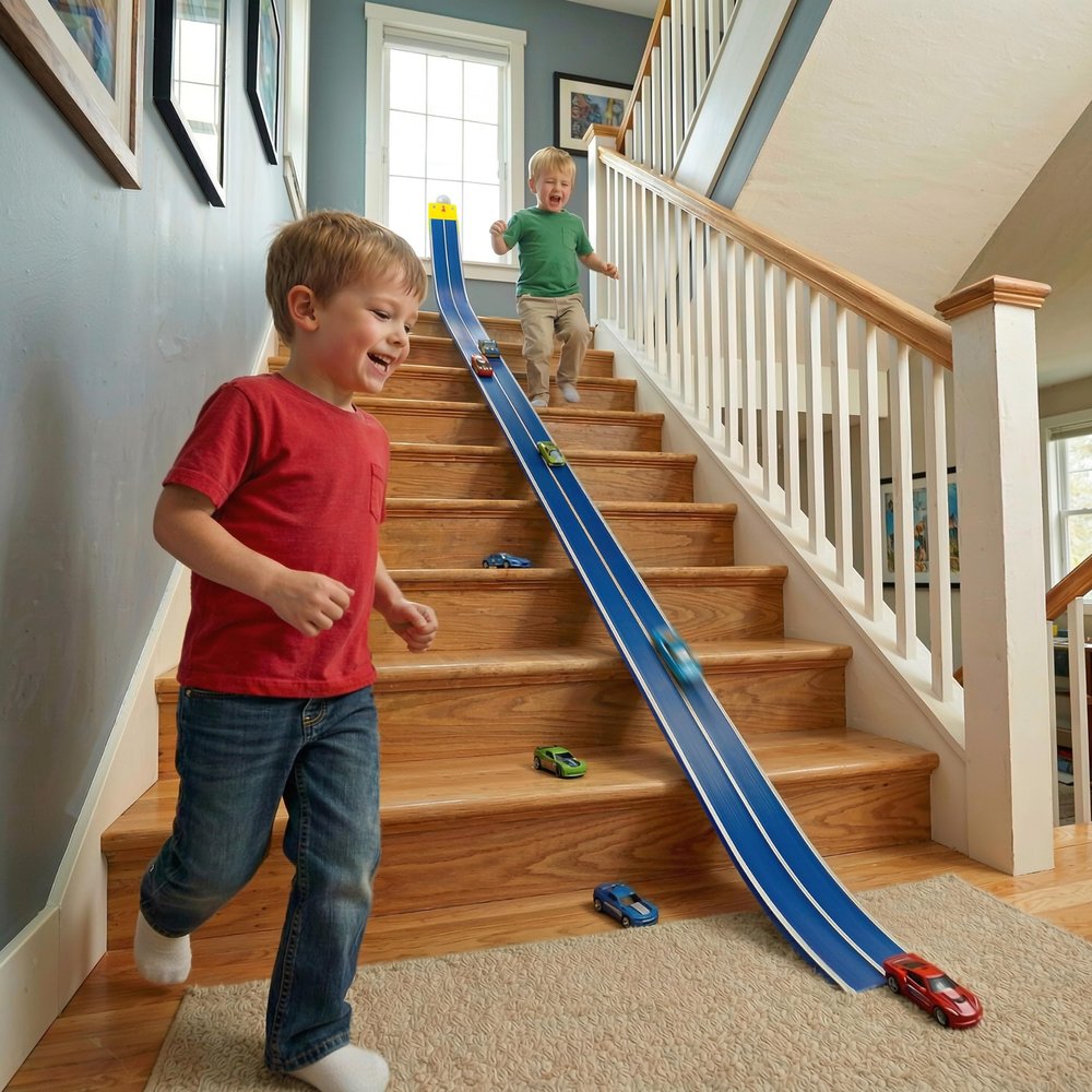 Flex Track 15ft for Kids, Build-Your-Own Creative Race Track Set, Bold Blue & White with Toy Cars & Parts