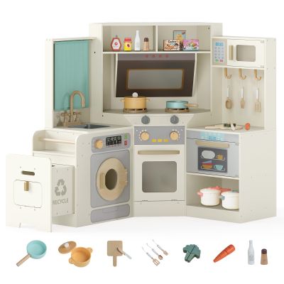 Costzon Corner Play Kitchen, Large Pretend Play Kitchen w/Real Light & Sound, Pull-Out Trash Can, Stoves, Microwave, Oven, Washer, Little Chef Wooden Kitchen Playset for Kids 3+ Years Old (Off White)