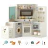 Costzon Corner Play Kitchen, Large Pretend Play Kitchen w/Real Light & Sound, Pull-Out Trash Can, Stoves, Microwave, Oven, Washer, Little Chef Wooden Kitchen Playset for Kids 3+ Years Old (Off White) view 1