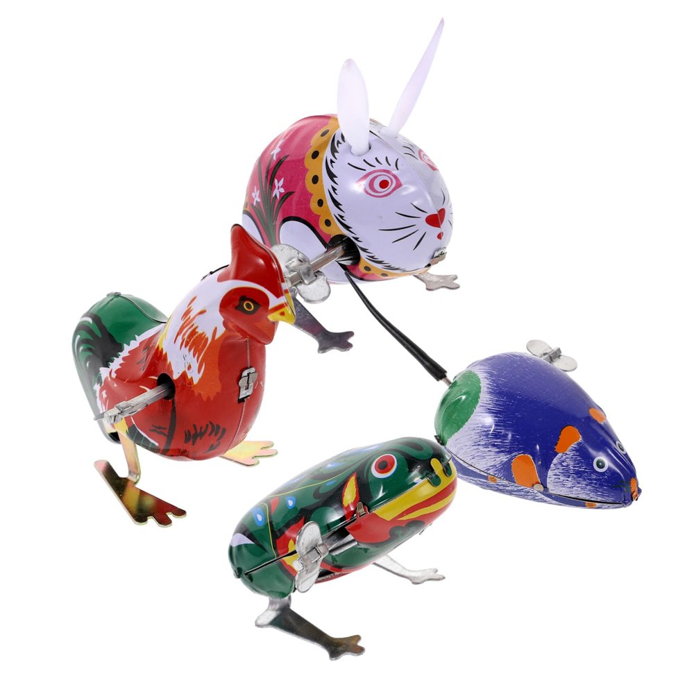 Gogogmee 4pcs Wind-up Animal Iron Clockwork Jumping Action for Boys and Random Color Frog Rooster Bunny Rodent Random Color
