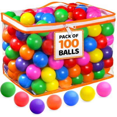 100 Ball Pit Balls for Toddlers with Storage Bag - 7 Bright Colors, Crush Proof, Great Play Toys for Tents, Pools, and Party