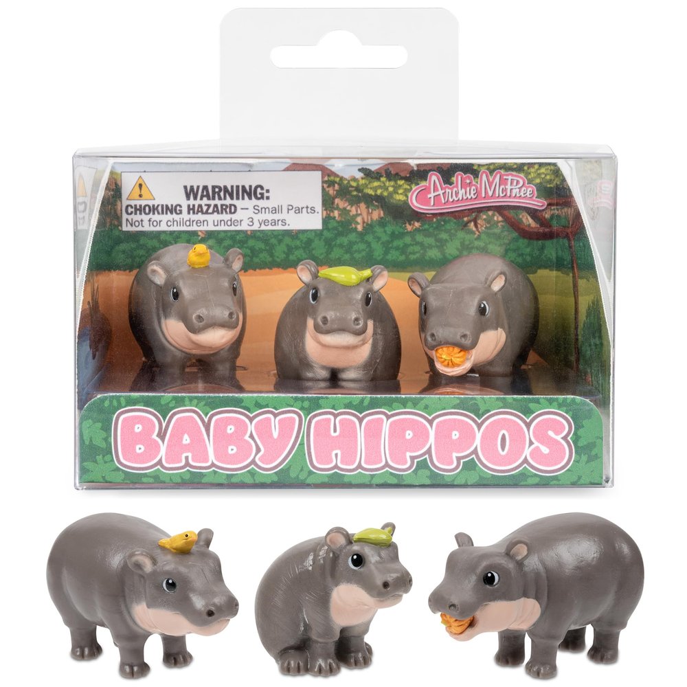 Archie McPhee Baby Hippos  Set of 3 Mini Soft Vinyl Hippo Figurines, Collectible Animal Toys, 1.752.25 Inch