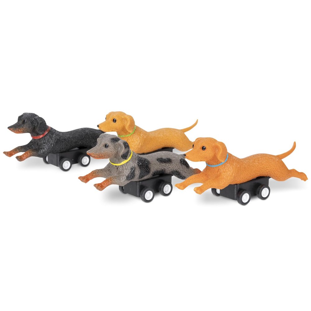 Archie McPhee Racing Wiener Dogs  Set of 4 Mini Soft Vinyl Dachshund Toys, Collectible Racing Dogs, 3.375 Inch