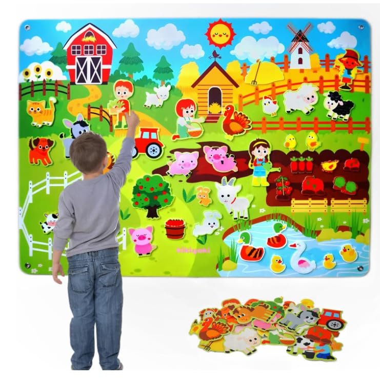 Farm Animal Felt Board - Busy Wall Toys with Large Barn Theme, Montessori Sensory Interactive Board, Youth Home and Classroom Preschool Learning Game Kit