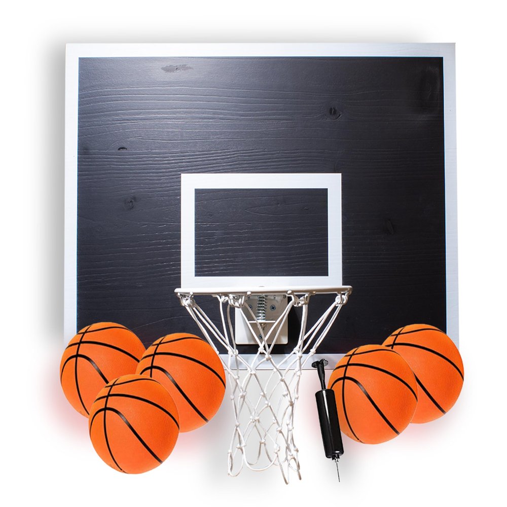 Cali Kiwi Pros MVP Mini Indoor Basketball Hoop & Ball Set. Unique Over The Door or Wall Option 5 Mini Basketballs for Indoor Fun. (Black White Pro MVP)