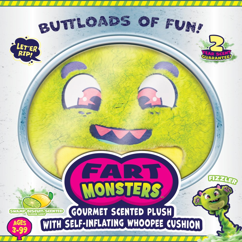 Fart Monsters Fizzler 16" Scented Plush Toy with Self-Inflating Whoopee Cushion  Swamp Biscuit Lemon Lime Scent Funny Fart Plush, Novelty Gag Gift, Collectible Toy for Kids & Adults