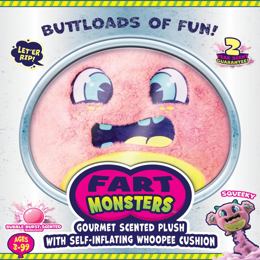 Fart Monsters Squeeky 16 Scented Plush with Self-Inflating Whoopee Cushion Bubble Gum Scent Funny Collectible Monster Toy & Gag Gift for Kids & Adults