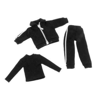 1/12 Male Figure Clothes Sportswear Casual Outfits Coat Miniature Jacket Bottoming Shirt Trendy Tracksuit Men's Doll Clothing- Black