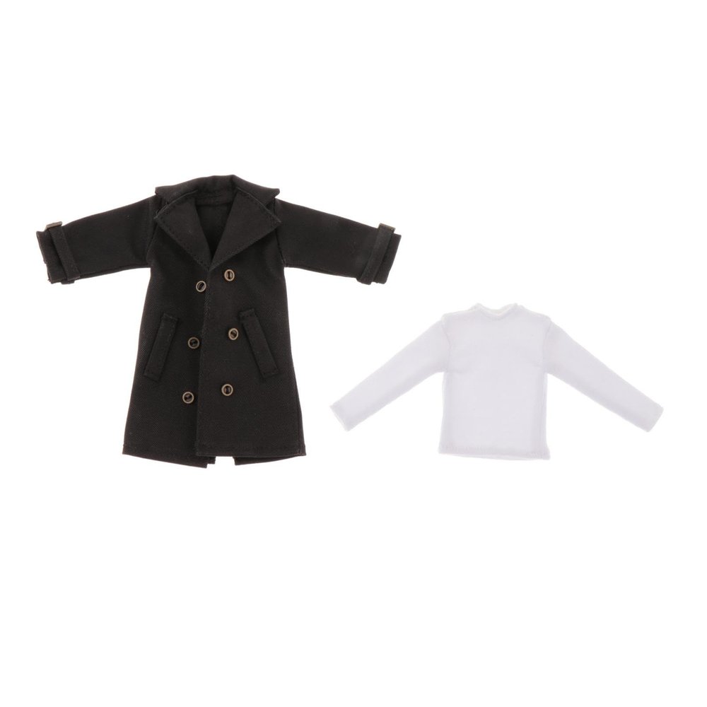 1/12 Scale Male Action Figure Clothes Trench Coat Double Breasted Solid Color Costume Accessories with Long Sleeve Undershirt- Black