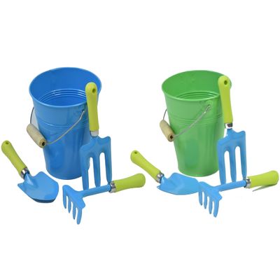 JustForKids 2 Pack Garden Tool Set  Green & Blue Metal Pails with Mini Shovel, Rake & Cultivator, Wooden Handles  Outdoor Gardening Tools for Kids