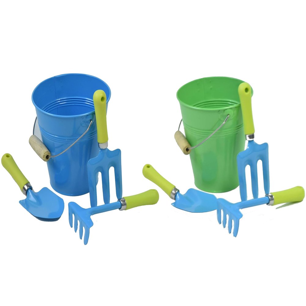 JustForKids 2 Pack Garden Tool Set  Green & Blue Metal Pails with Mini Shovel, Rake & Cultivator, Wooden Handles  Outdoor Gardening Tools for Kids