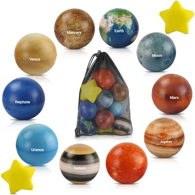 12 Piece Solar System Stress Balls Set with Mesh Carry Bag Educational Stress Relief Toys Featuring Planets & Stars Fun Learning Tool for Kids & Adults