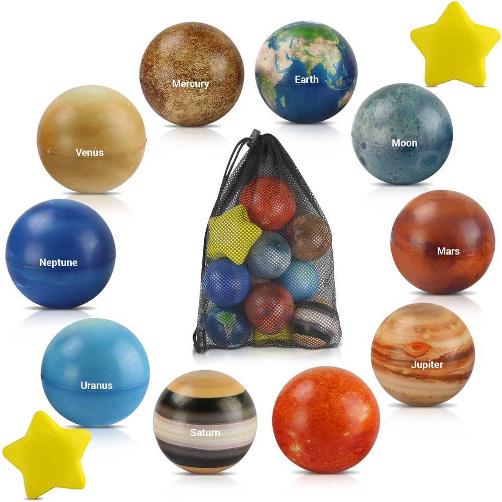12 Piece Solar System Stress Balls Set with Mesh Carry Bag Educational Stress Relief Toys Featuring Planets & Stars Fun Learning Tool for Kids & Adults