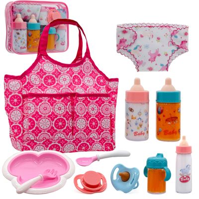 Baby Doll Accessories Magic Bottle Set - Doll Feeding Pretend Playset with Disappearing Milk & Juice Bottles,Handbag Pacifiers Bowl Diaper & Bib Doll Bottle Toys set Gift for Kids Girls Ages 3+