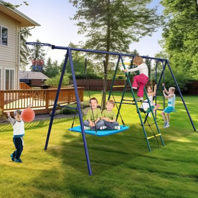 6-in-1 Heavy-Duty Swing Set for Backyard  Kids Climbing Ladder, Net, Glider, Hammock, Belt Swing & Basketball Hoop  Safe & Sturdy Steel Frame