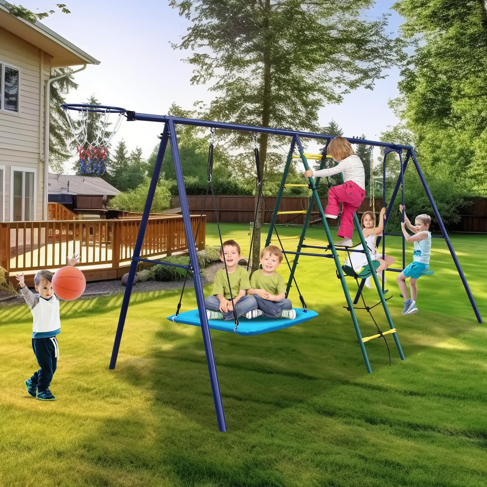 6-in-1 Heavy-Duty Swing Set for Backyard  Kids Climbing Ladder, Net, Glider, Hammock, Belt Swing & Basketball Hoop  Safe & Sturdy Steel Frame
