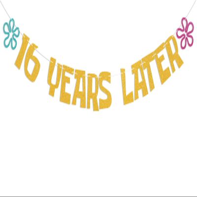 16 Years Later Banner - Cheers to 16 Years, Yellow Sponge Theme Cartoon 16th Birthday Anniversary Decorations Gold Glitter