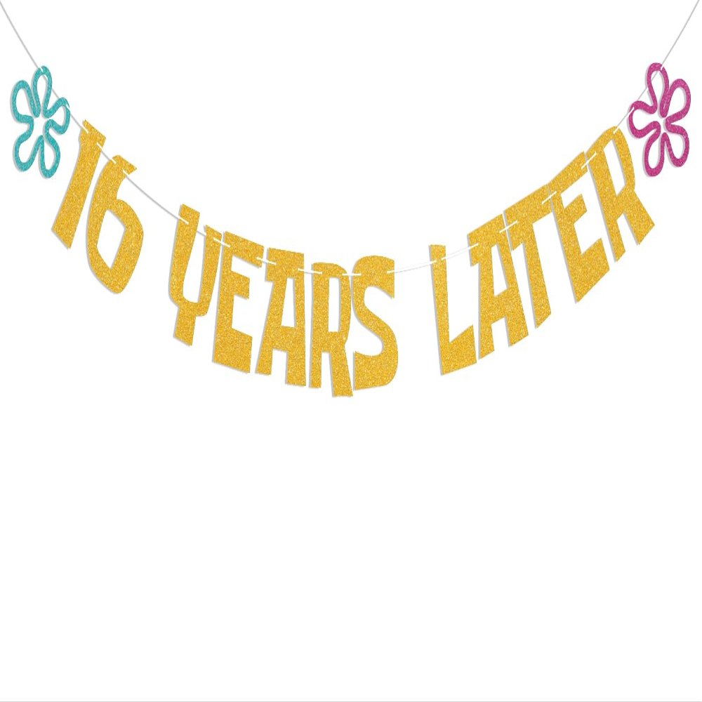 16 Years Later Banner - Cheers to 16 Years, Yellow Sponge Theme Cartoon 16th Birthday Anniversary Decorations Gold Glitter