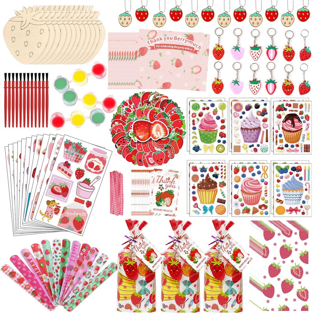 206 Pcs Cute Strawberry Party Favors Set Includes Wood Painting Crafts, Brushes, Stickers, Tattoos, Slap Bracelets, Gift Bags, Keychains&Pendant Strawberry Themed Party Supplies for Birthday Shower