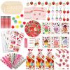 206 Pcs Cute Strawberry Party Favors Set Includes Wood Painting Crafts, Brushes, Stickers, Tattoos, Slap Bracelets, Gift Bags, Keychains&Pendant Strawberry Themed Party Supplies for Birthday Shower view 1