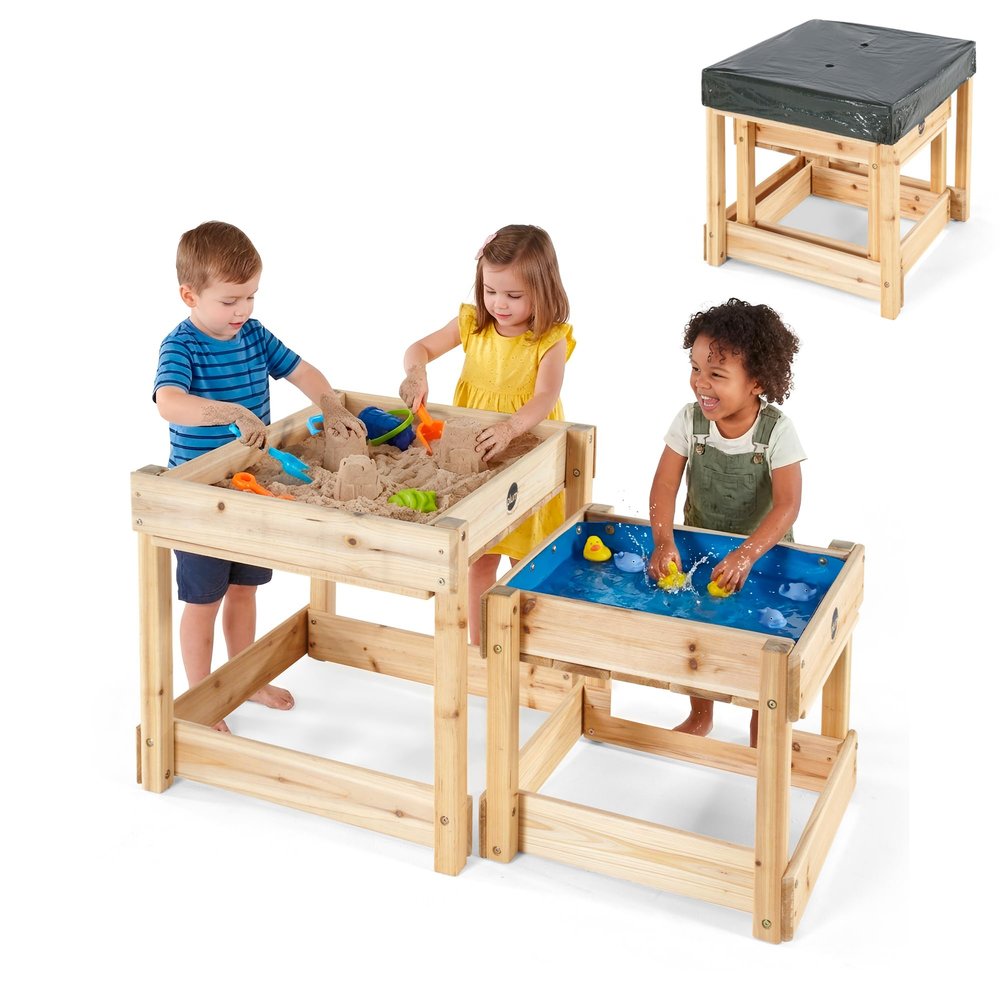 Plum Wooden Sand and Water Table with Cover, 2 Toddler Sensory Table, Summer Outdoor Activity, Sensory Playset, Kids Outdoor Play Equipment, Sturdy, Durable, Weatherproof, Easy to Clean, Age 18+Months
