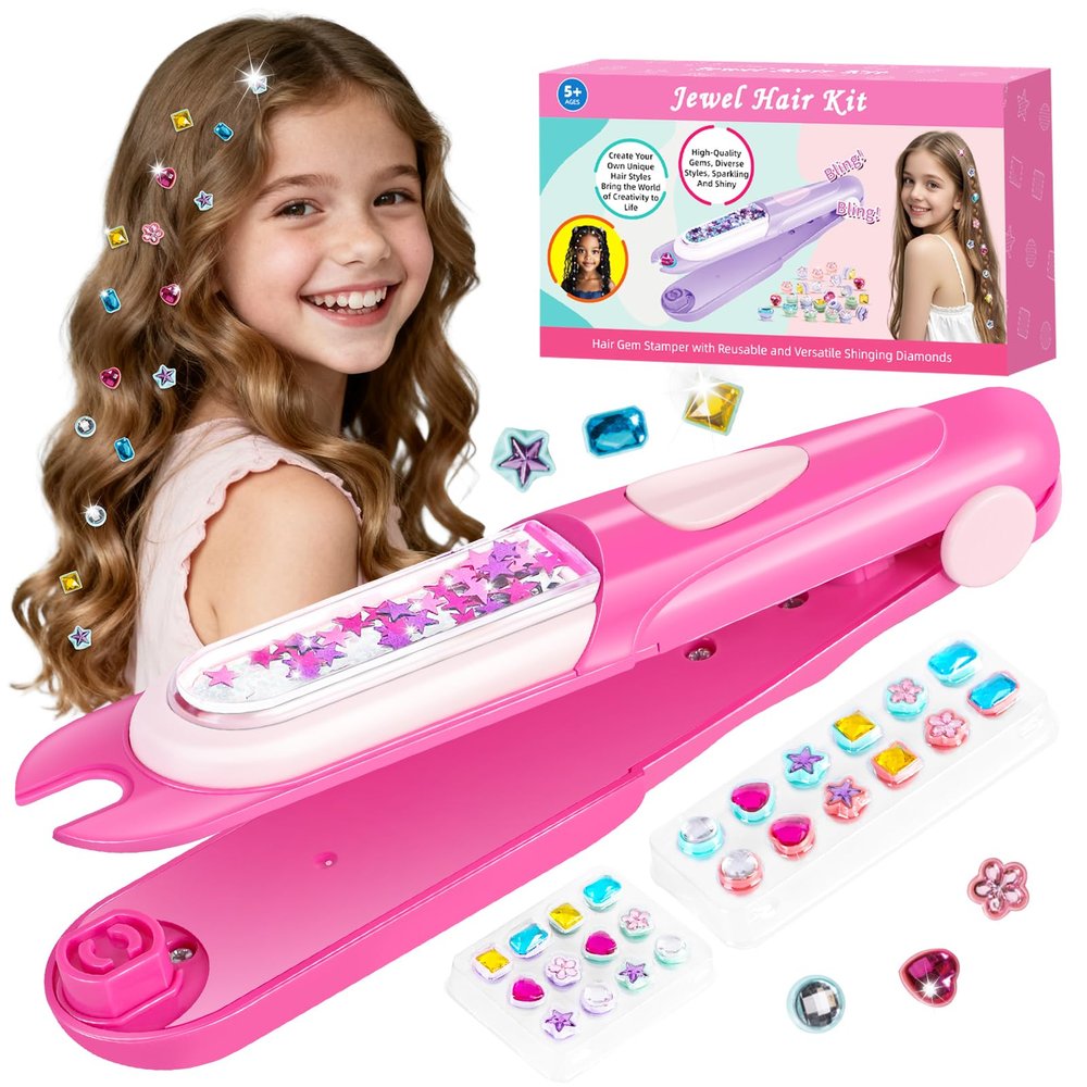 Hair Gem Stamper Kit - Bling Hair Jewels for Girls Toys - Hair Accessories with Reusable Shining Diamonds, Birthday Christmas Gifts for Girls 3 4 5 6 8-12