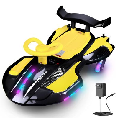 12V Electric Wiggle Car with Pedal, Rechargeable 2-in-1 Swing Car, Drifting Car with Backrests, Anti-Rollover, Spray, Flashing Lights, Music, Bluetooth, for Ages 3 and Up, 150 lbs(Yellow + Black)