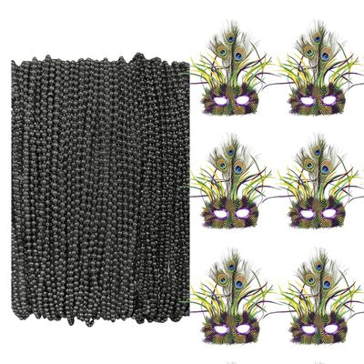 Black Mardi Gras Beads - 33 inch, 7mm, 72 Necklaces and Mask with Feathers Set of 6
