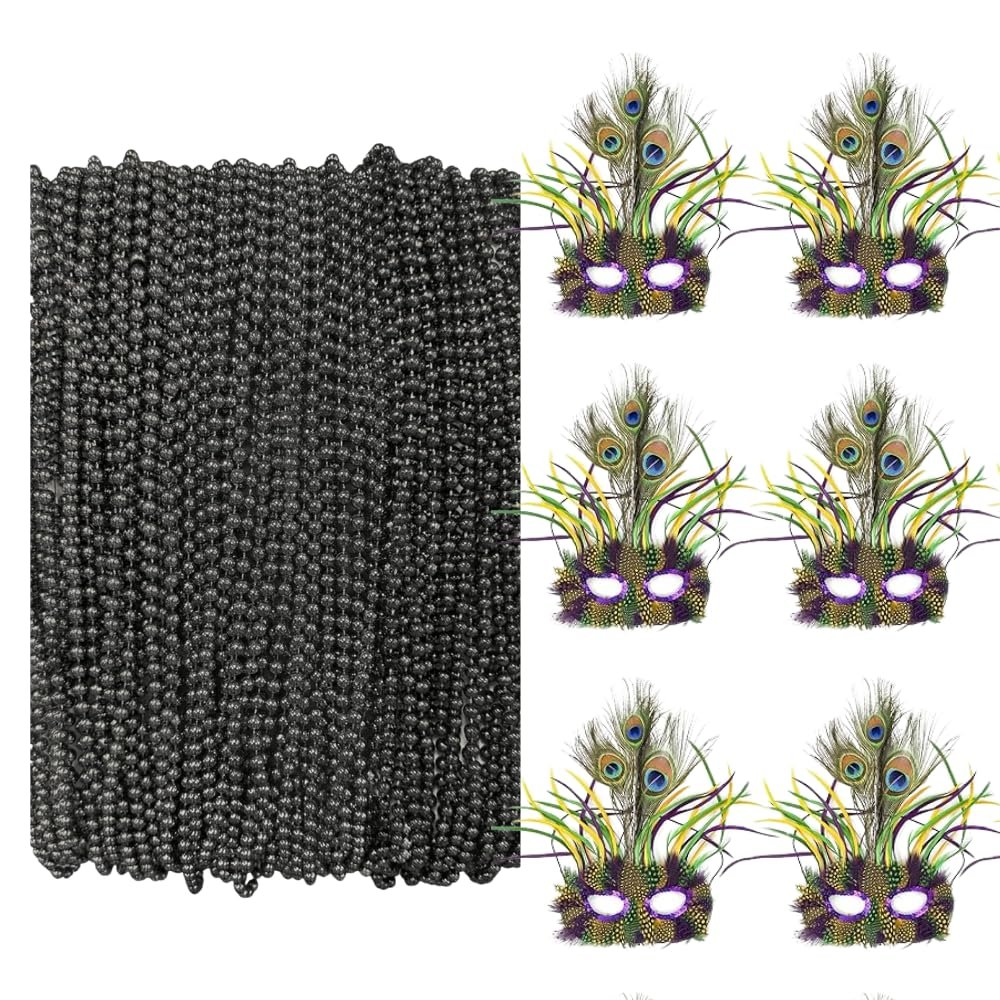 Black Mardi Gras Beads - 33 inch, 7mm, 72 Necklaces and Mask with Feathers Set of 6