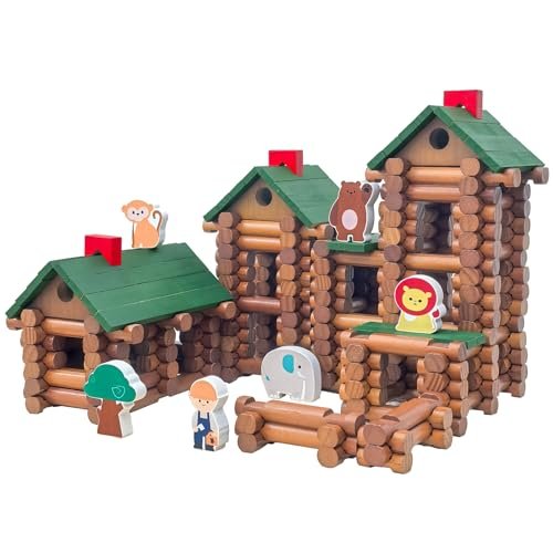 Aieocoi 340 Pcs Giant Wooden Building Set with Animals Figures & Trees, Large Log Castle Toy for Kids Ages 4 5 6 7 8 Years Old and Up, Creative STEM Construction Playset(Aie-Log-340pcs)