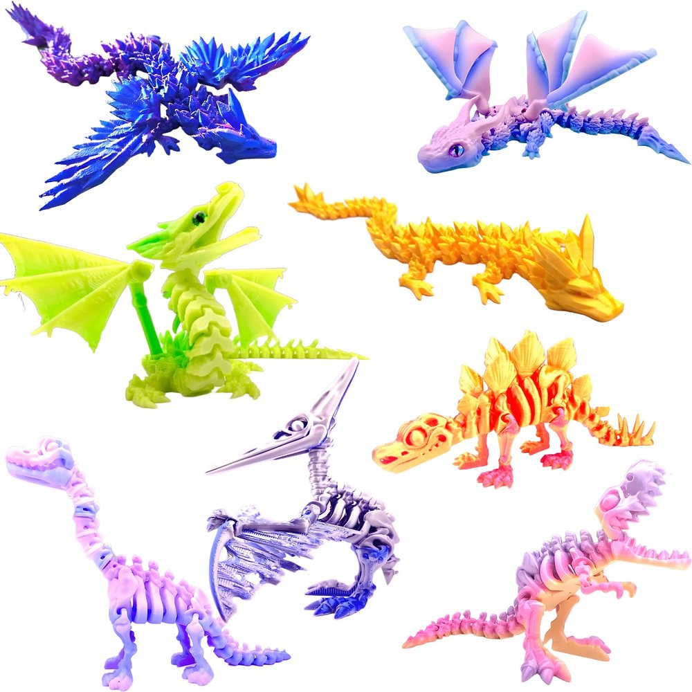 TJYZGXQ 8pcs 3D Printed Rainbow Dinosaur Crystal Dragon T-Rex Fidget Toys,Flying DragonPterosaurAnimals Toys,Desk Executive ToyEaster,Toys for Boys Kids Teen 5-7 4-6 8-12