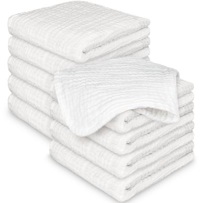 10-Pack Muslin Baby Washcloths for Newborn 12x12" Soft Absorbent Organic Cotton Muslin Wash Cloths for Babies Girl, Boy, Infant, Toddlers, Kids Face Towel,Bath Essentials,Baby Burp Rags (Soft White)