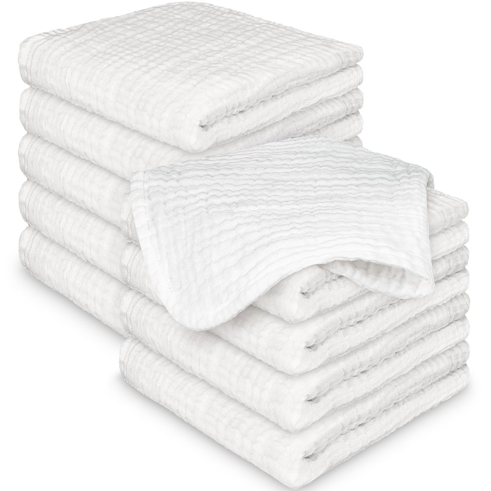 10-Pack Muslin Baby Washcloths for Newborn 12x12" Soft Absorbent Organic Cotton Muslin Wash Cloths for Babies Girl, Boy, Infant, Toddlers, Kids Face Towel,Bath Essentials,Baby Burp Rags (Soft White)