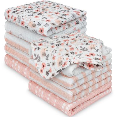 10-Pack Muslin Baby Washcloths for Newborn 12x12" Soft Absorbent Organic Cotton Muslin Wash Cloths for Babies Girl, Boy, Infant, Toddlers,Kids Face Towel,Bath Essentials,Baby Burp Rags (Sweet Charm)