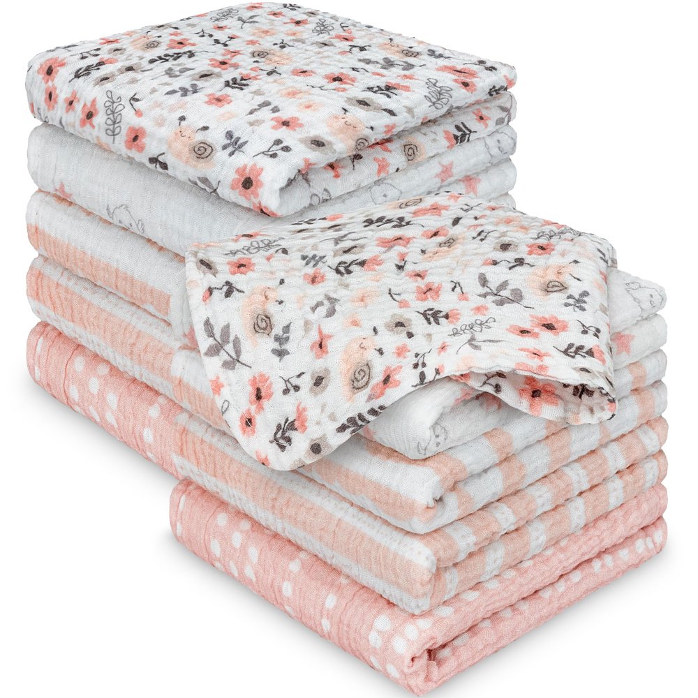 10-Pack Muslin Baby Washcloths for Newborn 12x12" Soft Absorbent Organic Cotton Muslin Wash Cloths for Babies Girl, Boy, Infant, Toddlers,Kids Face Towel,Bath Essentials,Baby Burp Rags (Sweet Charm)