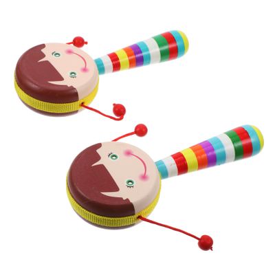 HAKIDZEL 2Pcs Cartoon Design Wooden Rattle Portable Handheld Musical Lightweight Soothing Shaking for Indoor Outdoor Play Random Color
