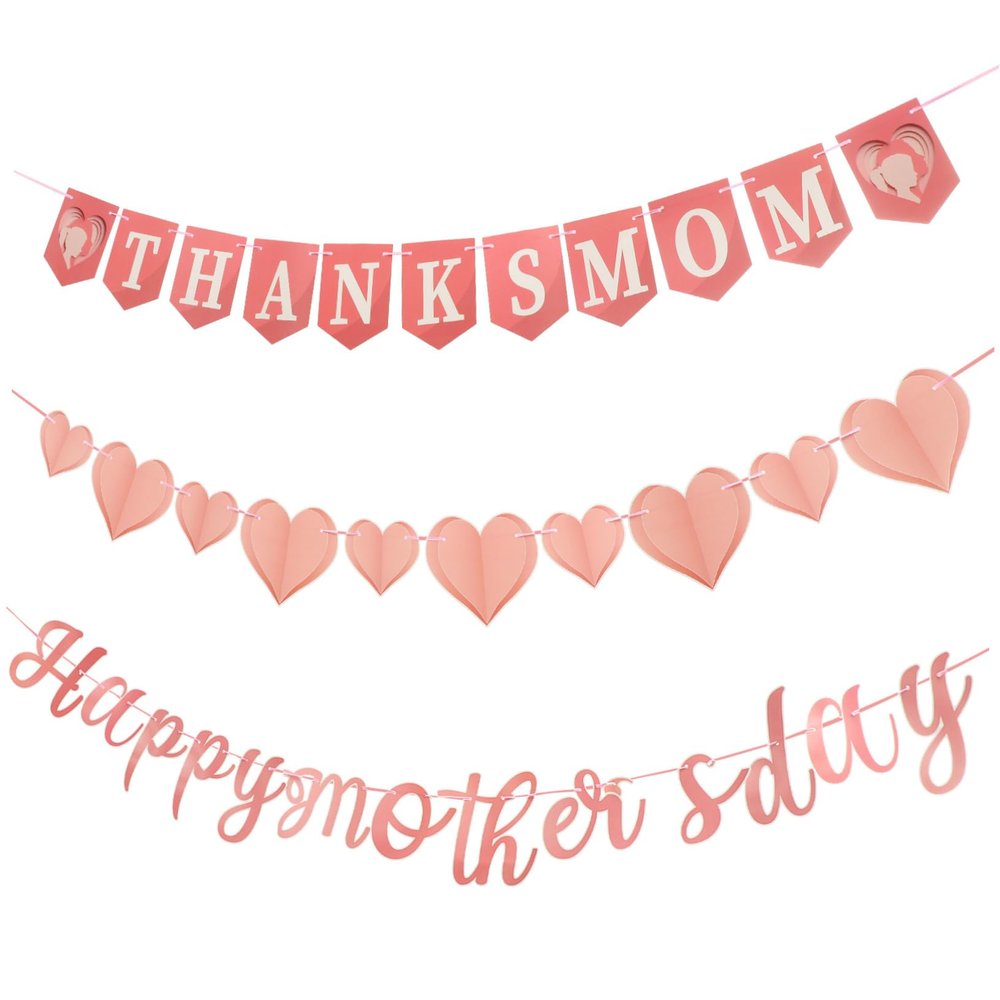 HAKIDZEL Mother's Day Party Bunting Decor Set Paper Banner with Happy Mother's Day Letters Heart and Thanksmom Flags Indoor Party Hanging Flags for Holiday Celebration