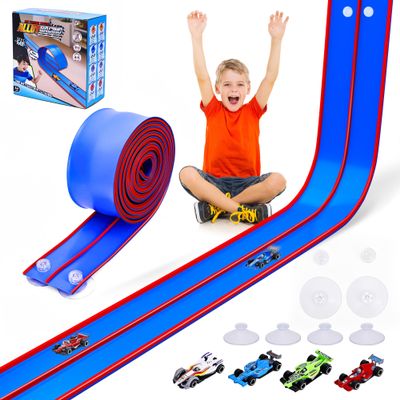 FUTESI Flexible Race Car Track for Kids 15 Ft Flex Tracks Starter Set Compatible with Diecast 1/64th Cars Portable Rolls Up Race Tracks with Strong Suction Cups Birthday Gifts for Boys Girls Ages 3+