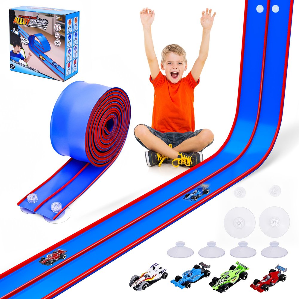 FUTESI Flexible Race Car Track for Kids 15 Ft Flex Tracks Starter Set Compatible with Diecast 1/64th Cars Portable Rolls Up Race Tracks with Strong Suction Cups Birthday Gifts for Boys Girls Ages 3+