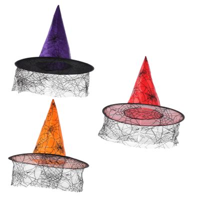 BCOATH 3pcs Halloween Witch Hats Mesh Lace Wizard Caps Lightweight Headwear for Party Cosplay Masquerade Decoration with Spider Web Design