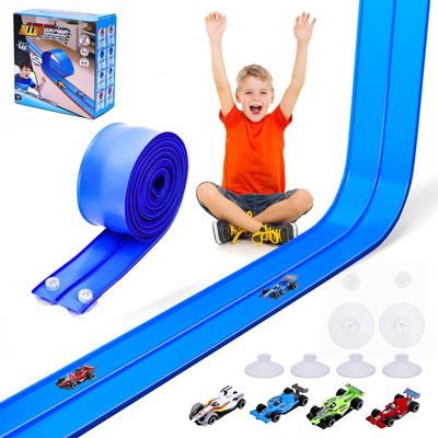 FUTESI Flexible Race Car Track for Kids 15 Ft Flex Tracks Starter Set Compatible with Diecast 1/64th Cars Portable Rolls Up Race Tracks with Strong Suction Cups Birthday Gifts for Boys Girls Ages 3+