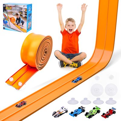 FUTESI Flexible Race Car Track for Kids 15 Ft Flex Tracks Starter Set Compatible with Diecast 1/64th Cars Portable Rolls Up Race Tracks with Strong Suction Cups Birthday Gifts for Boys Girls Ages 3+
