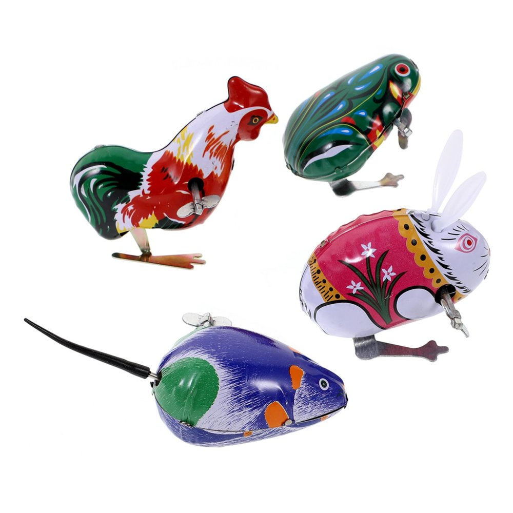 BRIGHTFUFU 4pcs Wind Up Clockwork Iron Animal with Frog Rooster Rodent Jumping Action for Boys and Random Color Random Color