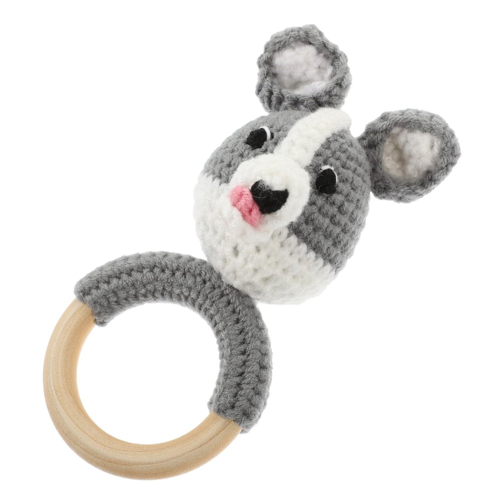 BCOATH Wooden Hand Rattle for Newborns and Lightweight Skin-Friendly Soothing Shaker with Adorable Grey Husky Crochet Design Safe Smooth Edges for Sensory Play and Early Development