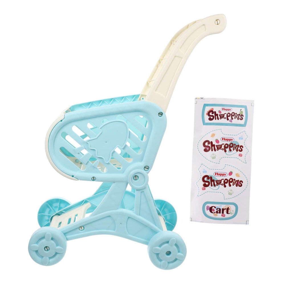 LALADEFIEE Shopping Cart with Play Food Educational Pretend Supermarket Trolley for Smooth Arc Design for Safe Push Role Play to Support Walking and Interaction Blue
