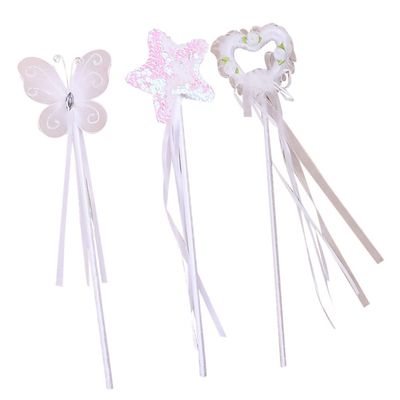 BRIGHTFUFU 3pcs Fairy Wands with Pentagram Heart and Wing Motifs White Magical Sticks for Birthday Party Cosplay and Dress-up Activities Random Color
